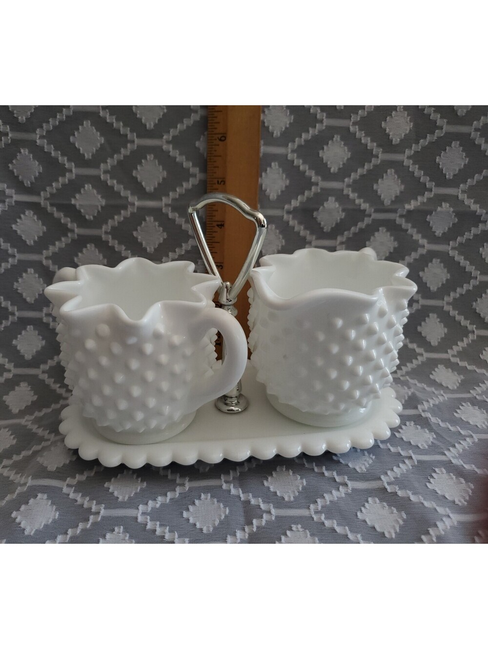 Vtg Fenton Hobnail Milkglass Creamer/Sugar With Tray